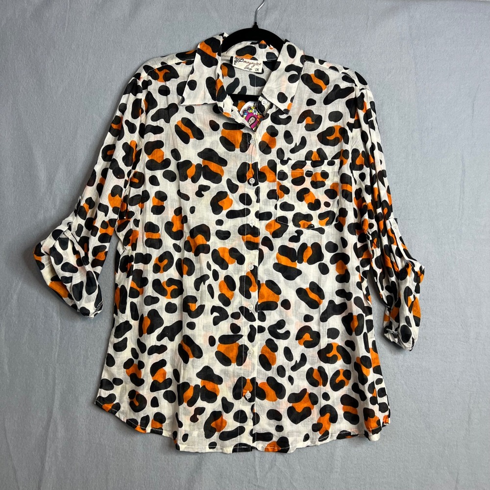 Magazine Lady Leopard Print Button Down Shirt Size 1X Lightweight Cotton NWT